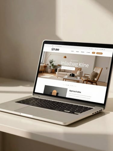 Approachable workspace with a modern laptop showing a clean website layout, warm natural morning light, soft shadows, cream background.