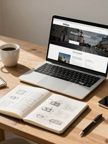 A clean, sunlit wooden workspace in Orléans with a laptop displaying a modern website mockup, a notebook with hand-sketched wireframes, and a warm cup of coffee nearby, shot in a soft natural daylight setting.