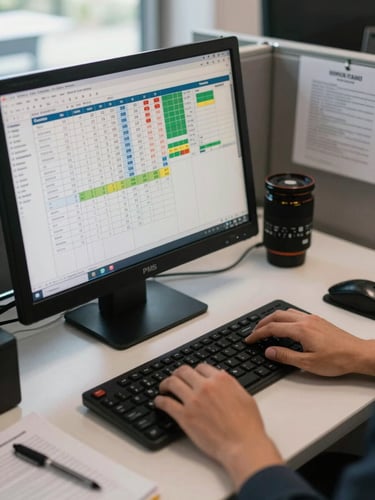Close-up overhead shot of a hotel back-office desk, a PMS terminal screen showing occupancy grid and channel distribution data, hands resting on keyboard, clean daylight from a side window, work-documentation framing