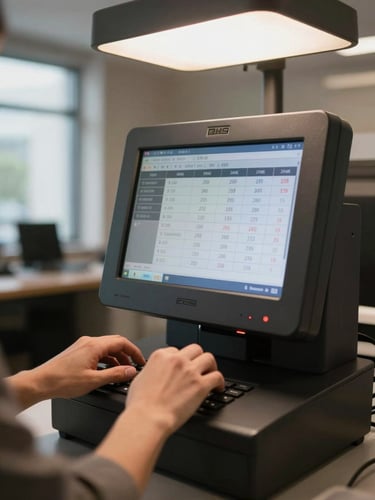 Close-up of hands operating a hotel PMS terminal, screen displaying occupancy grid and rate columns, clean overhead office light, documentary framing, back-office hotel environment, daylight through window left of frame