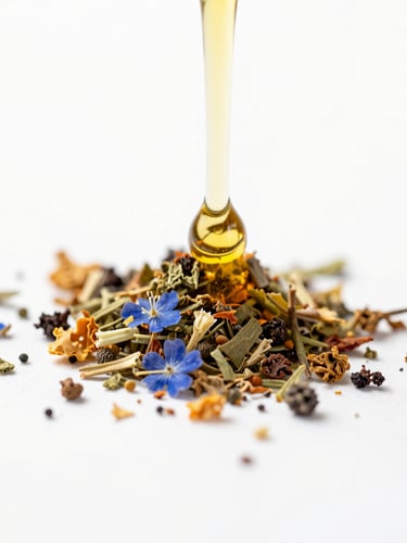 Macro close-up of crushed botanical herbs and dripping golden oil under bright natural daylight, high-key white studio background, 35mm lens