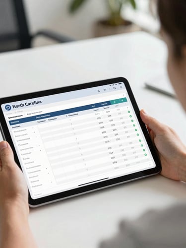 Over-the-shoulder shot of a small business owner reviewing a clean digital payroll dashboard on a tablet, bright natural daylight, modern office setting in North Carolina.