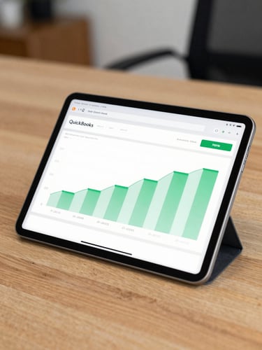 A close-up of a modern tablet displaying a clean QuickBooks financial dashboard with green graphs, resting on a clean wooden desk in a bright North Carolina office.