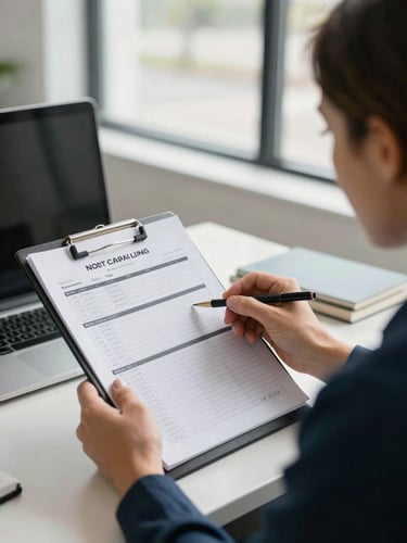 Bright daylight over-the-shoulder shot of a North Carolina business owner reviewing a clean tax planning spreadsheet with an advisor in a modern office.