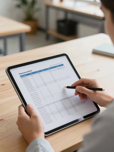 Wide environmental crop, bright natural daylight, over-the-shoulder view of a business owner reviewing clean financial spreadsheets on a tablet in a modern Thomasville workshop.