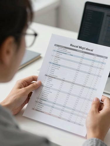An over-the-shoulder view of a local business owner reviewing monthly balance sheets and cash flow statements with an advisor in a bright office.