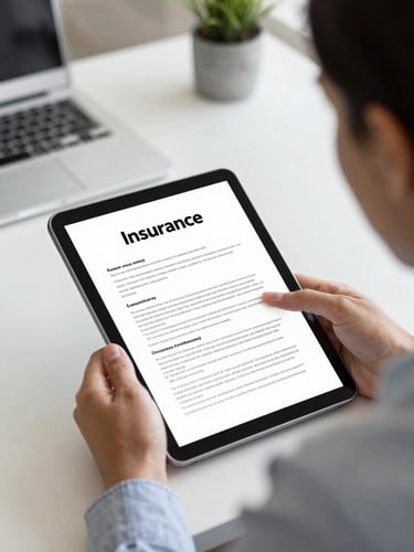 Over-the-shoulder view of a business owner reviewing insurance policy documents on a modern tablet in a bright North Carolina office