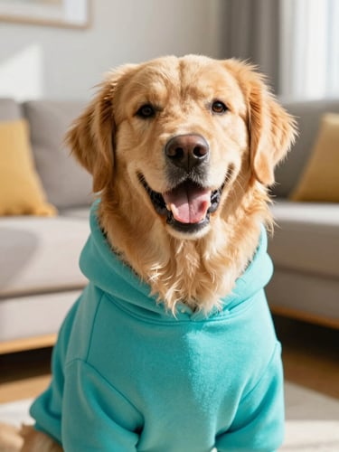 Close-up portrait of a happy golden retriever wearing a vibrant turquoise custom hoodie, sitting in a sunlit living room, warm editorial photography, shallow depth of field