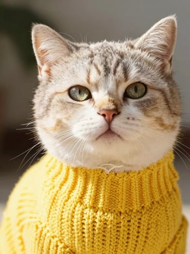 Close up portrait of a calm, happy cat wearing a bright handmade knitted sweater, soft natural daylight, warm editorial photography