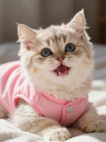 Close-up of a happy fluffy kitten wearing a soft pink custom-fit vest, resting on a cozy blanket, natural warm light, editorial style