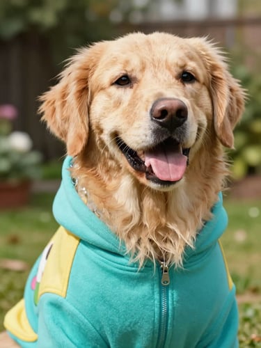 Close up of a happy golden retriever wearing a colorful handmade turquoise hoodie, bright natural daylight, soft focus garden background