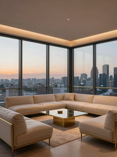 Wide architectural shot of a minimalist penthouse lounge at twilight, warm low-temperature brass accents, floor-to-ceiling windows overlooking a soft city skyline, empty clean leather seating.