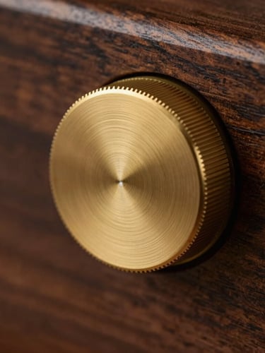 Macro shot of a high-end brushed brass analog audio dial on a dark textured walnut panel, soft warm lighting, shallow depth of field