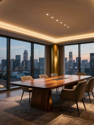 A wide cinematic architectural shot of a modernist penthouse boardroom overlooking a city skyline at twilight, low-key warm accent lighting, brushed brass and heavy walnut textures, deep shadows.