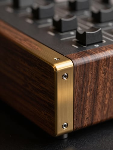 Macro close-up of textured dark walnut wood meeting brushed brass accents on a premium audio console, soft low-temperature golden light, deep shadows