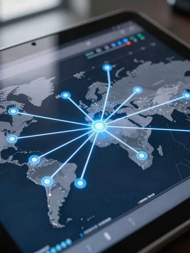 Macro close-up of a high-contrast logistics map on a tablet screen, glowing data-blue routes connecting global hubs, moody office lighting, 35mm