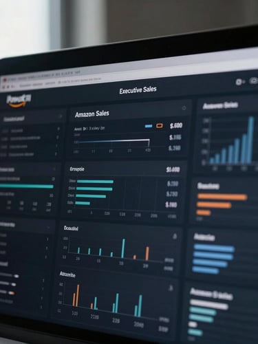 Close-up of a Power BI executive dashboard displaying complex Amazon sales and profitability metrics, sharp focus on data, moody office lighting, deep navy and cool gray tones, high contrast.