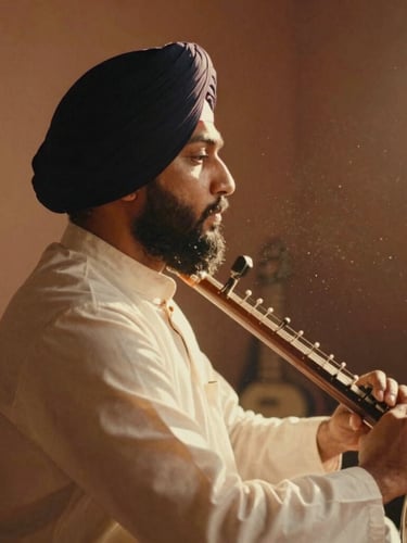 Candid cinematic side profile of a Sikh musician playing a rabab, warm sun-drenched indoor lighting, dust motes dancing in the golden light, intimate 35mm film aesthetic