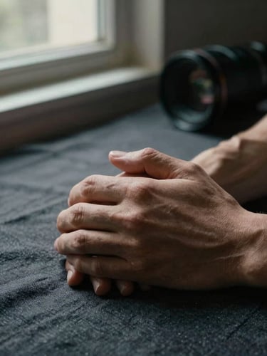 Cinematic portrait, 16:9 aspect ratio. Close-up of two hands gently intertwined on a dark linen surface, dramatic chiaroscuro side lighting from a window, visible film grain.
