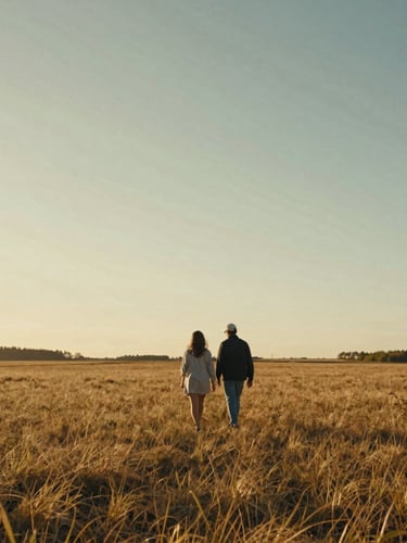 Cinematic warm golden hour light hitting a couple walking quietly through an open field, shot from a distance, 16:9 aspect ratio, subtle film grain, high contrast shadows.