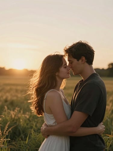 Cinematic 16:9 shot of a couple embracing in a field at golden hour, warm backlight, subtle film grain, soft focus