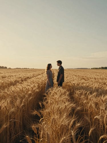 Cinematic wide shot of a couple standing in a golden wheat field at golden hour, low horizon, dramatic long shadows, warm hazy sunlight, analog film grain.