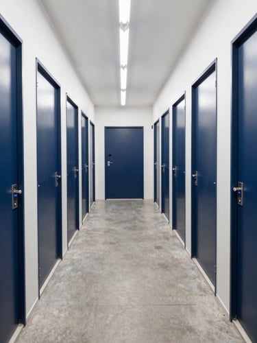 Symmetrical, brightly lit corridor of a premium self-storage facility with clean concrete floors, heavy-duty navy steel doors, and electronic security keypads.