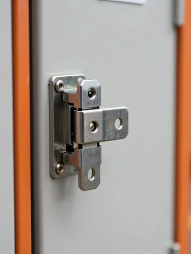 Close-up of a heavy-duty stainless steel locking mechanism on a pristine storage unit door, sharp safety-orange accents visible on the frame, bright daylight-balanced lighting.