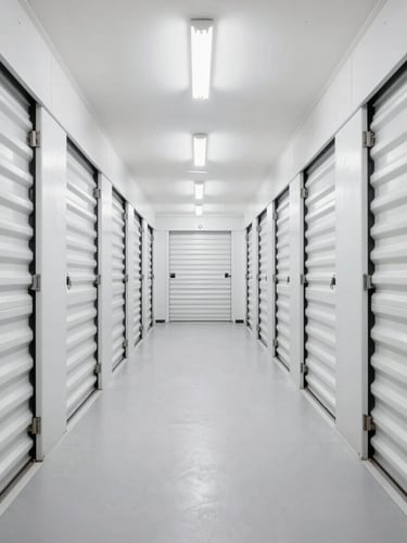 Symmetrical wide-angle view of a pristine, brightly lit storage corridor with heavy-duty steel doors under daylight-balanced lighting, vanishing point in center.
