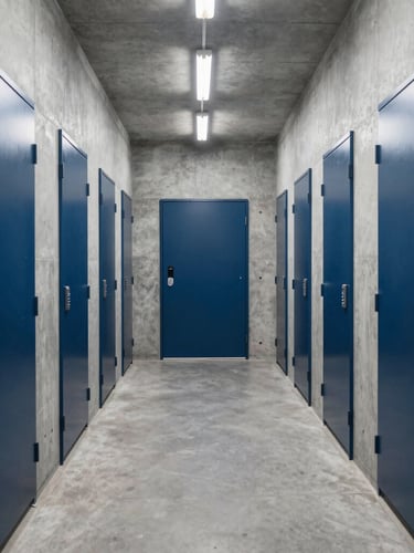 Symmetrical wide-angle view of a pristine, brightly lit self-storage corridor in JLT, featuring clean concrete gray walls, secure navy blue locker doors, and a high-security electronic keypad glowing near the entrance.