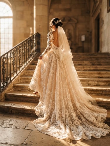 Dramatic wide shot of a cathedral-length lace wedding gown cascading gracefully, soft golden-hour window light, warm ivory and champagne tones, shallow depth of field, 85mm