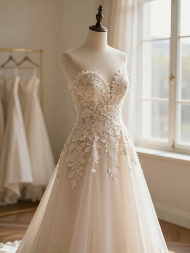 Elegant bridal gown on a mannequin in a sunlit atelier, intricate lace details visible, soft focus on background, warm ivory tones, 85mm