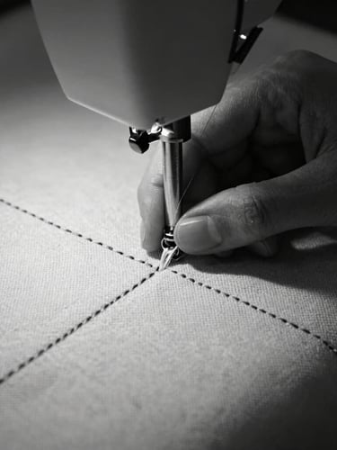 Extreme close-up of a hand sewing a structured wool seam, sharp directional studio lighting, deep shadows, minimalist monochrome tones, 35mm lens