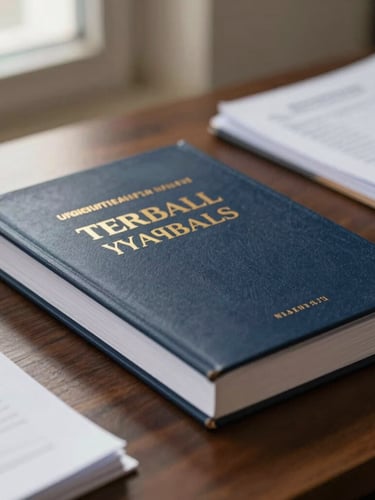 Professional close-up of Egyptian tax law books and physical ledgers on a dark wooden desk, soft directional window light, deep navy tones, shallow depth of field, 50mm