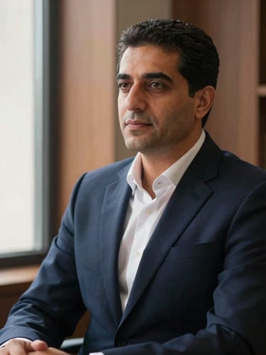 A professional portrait of CPA Hany Zakaria in a structured office setting, warm directional window light, deep navy suit, thoughtful expression, shallow depth of field, editorial style