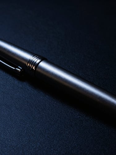 Dramatic close-up of a high-end silver fountain pen resting on a dark leather desk, low-key lighting, cool tones
