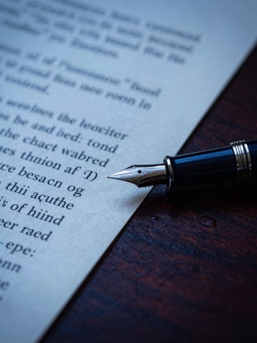 Macro close-up of a luxury fountain pen signing a critical constitutional document on a dark mahogany desk, dramatic side lighting, deep cobalt tones