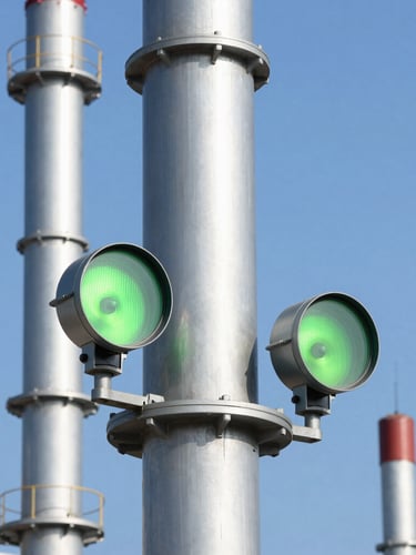 Industrial facility with clean blue sky, high-tech emission sensors mounted on a tall chimney stack, sharp studio lighting, cool metallic tones, macro lens, high detail
