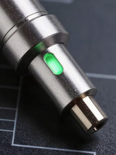 Macro shot of a high-precision metal industrial gas sensor probe, sharp studio lighting, cool metallic tones, neon green status LED glowing, dark background, technical schematic lines faintly visible.