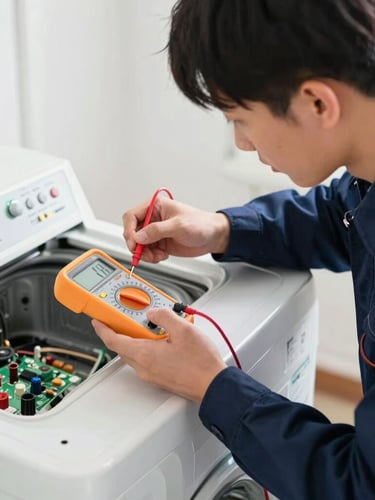 A professional technician in a clean navy blue uniform using a digital multimeter to test a washing machine control board, bright natural light, shallow depth of field