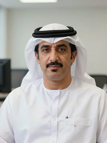 Portrait of Saif Abdullah Al Mazrouei in a professional office setting, clean documentary photography, bright natural daylight, crisp details