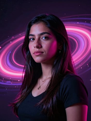 Portrait of a young Mexican female founder with dramatic cosmic neon lighting in pink and violet, dark background, cinematic, 35mm