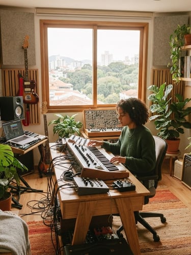 Cozy light-filled Scandinavian style music studio in São Paulo, soft daylight streaming, warm wood, acoustic panels, plants, 35mm film style.