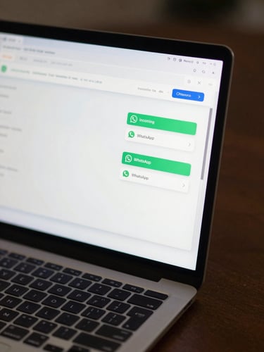 Close-up of a laptop screen showing a live CRM lead dashboard with incoming call notifications and WhatsApp message counts, screen glow illuminating a dark desk surface, shallow depth of field, no text visible