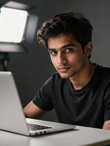 Close-up portrait of a young Indian man at a modern desk, studio lighting from the left, slight screen glow from a laptop reflecting on his face, looking directly at camera with quiet confidence, dark background