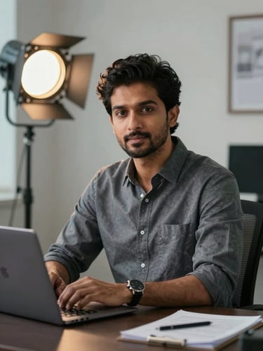 Vaibhav Pawale seated at a dark desk facing the camera, studio light from the left casting even illumination on his face, laptop open in the foreground showing a dashboard, calm and confident expression, clean office background