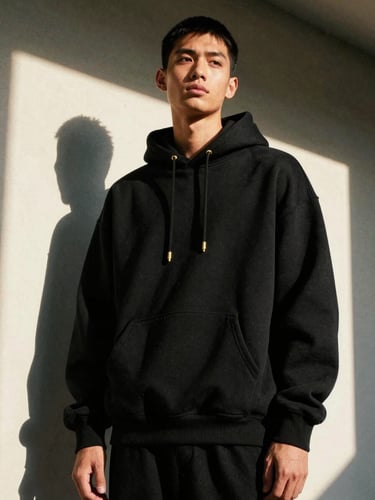 Low-angle heroic shot of a model in a heavyweight black oversized hoodie, harsh direct sunlight casting deep shadows, golden hour gleam on gold hardware, 35mm film grain