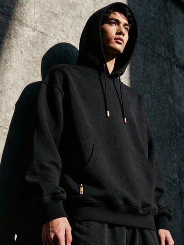 Low-angle heroic shot of a model in a dark concrete alleyway, wearing a heavy black oversized hoodie with subtle brushed gold hardware, dramatic high-contrast side lighting, deep shadows, 35mm film grain style.