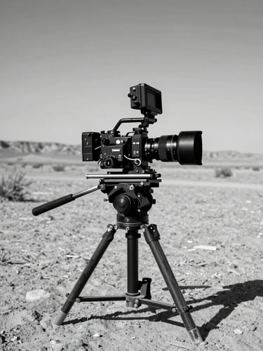 Stark behind-the-scenes gear setup in a remote desert environment, high contrast black and white, deep shadows, heavy camera equipment placed off-center.