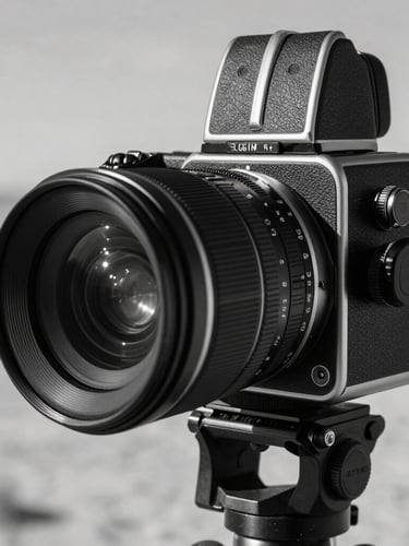 Extreme macro detail of a medium format camera lens on a tripod in a remote desert, stark high contrast black and white, dramatic natural light.